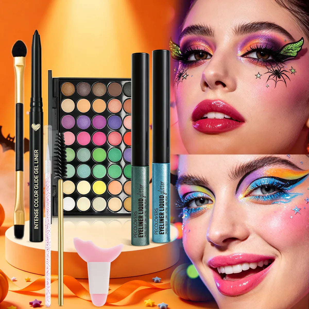 KissICON SET 01 8PCS Face Set, Multi-color Eye Shadow Plate+eye Black+eyeliner Pen+makeup Tools, Waterproof and Durable, Halloween Makeup