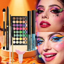 KissICON SET 01 8PCS Face Set, Multi-color Eye Shadow Plate+eye Black+eyeliner Pen+makeup Tools, Waterproof and Durable, Halloween Makeup