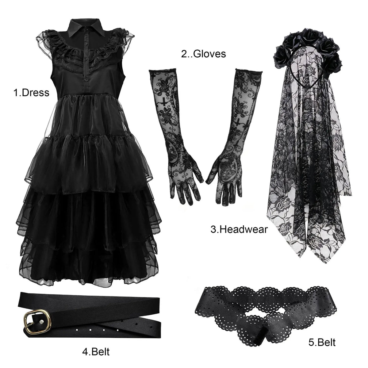 KissICON set / 2XL Halloween Zombie Costume Black Lace Ghost Bride Dress Scary Gothic Corpse Bride Outfit for Carnival Party Cosplay
