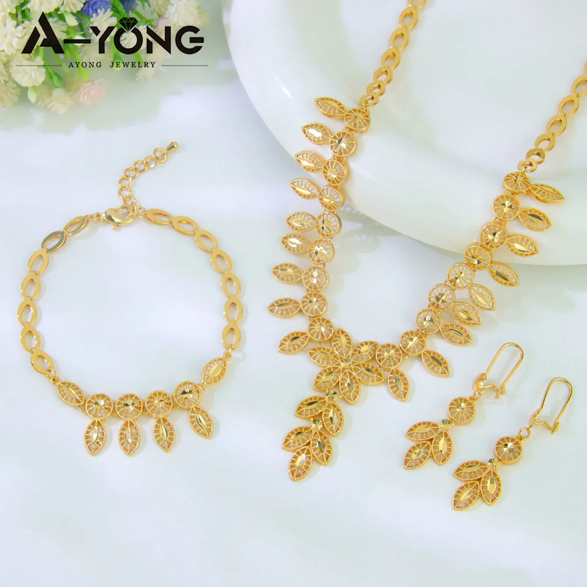KissICON Set I Luxury Dubai Wedding Jewelry Set 21k Gold Plated Arab Bridal Gold Necklace Bracelet Earrings Brazilian Women Vintage Jewelrys