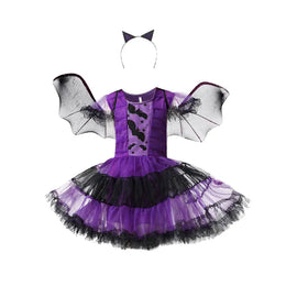 KissICON set16 / 150(9-10T) Halloween Costume for Kids Girls Purple Bat Dress Halloween Fantasy Vampire Costume Accessories Carnival Party Gifts