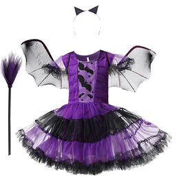 KissICON set17 / 150(9-10T) Halloween Costume for Kids Girls Purple Bat Dress Halloween Fantasy Vampire Costume Accessories Carnival Party Gifts