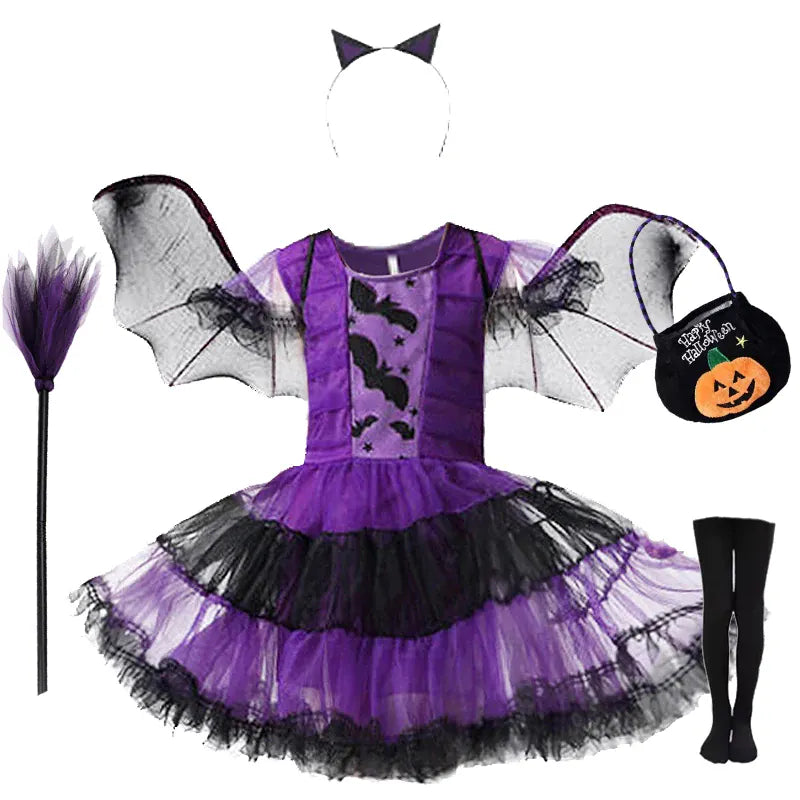 KissICON set19 / 150(9-10T) Halloween Costume for Kids Girls Purple Bat Dress Halloween Fantasy Vampire Costume Accessories Carnival Party Gifts