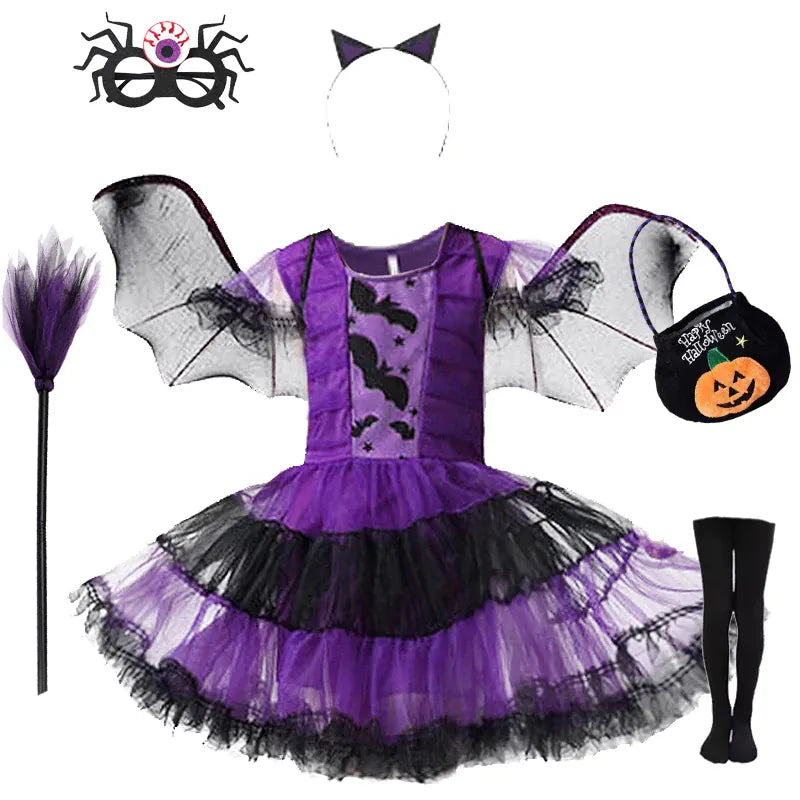 KissICON set20 / 150(9-10T) Halloween Costume for Kids Girls Purple Bat Dress Halloween Fantasy Vampire Costume Accessories Carnival Party Gifts