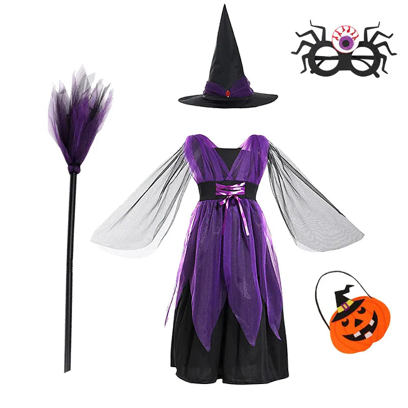 KissICON set4 / 150(9-10T) Halloween Costume for Kids Girls Purple Bat Dress Halloween Fantasy Vampire Costume Accessories Carnival Party Gifts