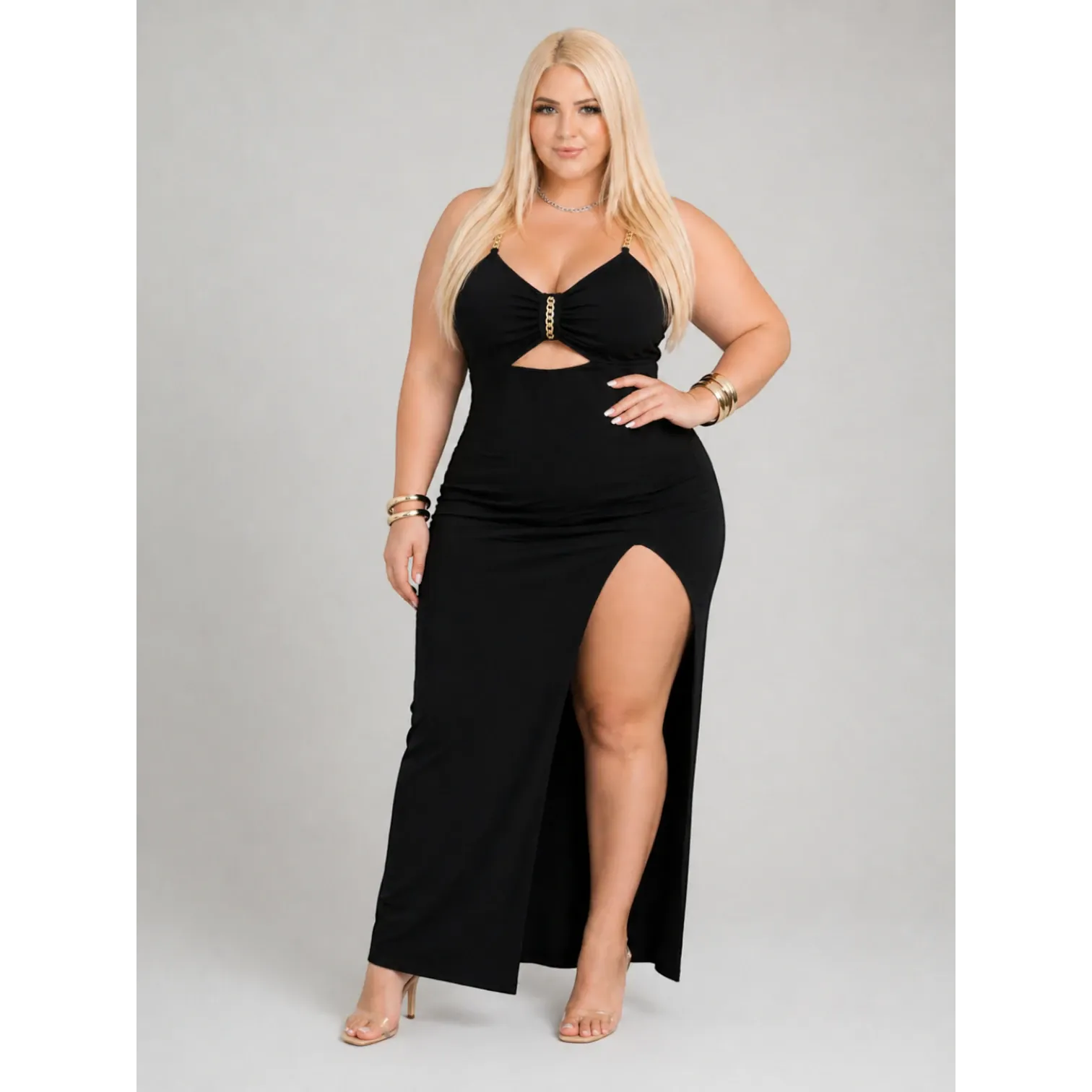 Plus Size Black Ruched Cutout Maxi Party Dress – KissICON