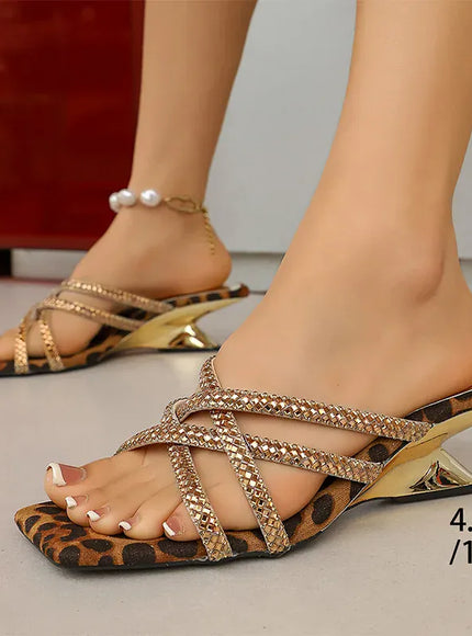 KissICON Sexy Leopard Med Heels Sandals for Women Shiny
