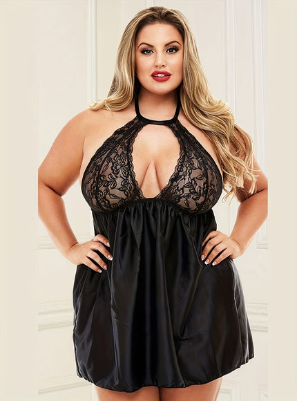 jkthpu-45 Sexy Nightdress, Women's Plus Floral Jacquard Hollow Out Satin Halter Neck Sleep Dress Plus Size