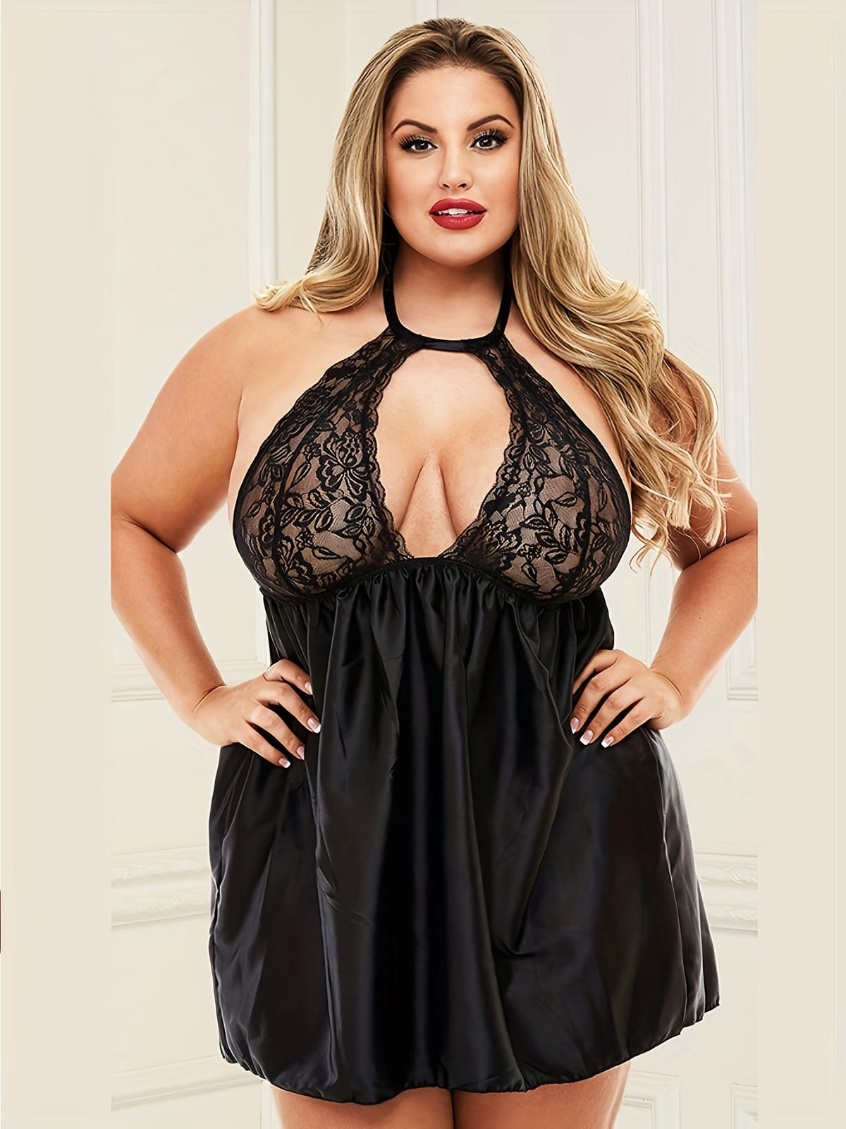 jkthpu-45 Sexy Nightdress, Women's Plus Floral Jacquard Hollow Out Satin Halter Neck Sleep Dress Plus Size