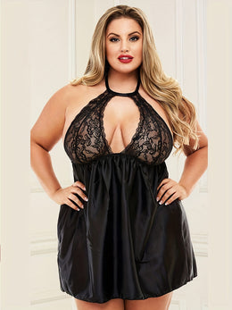 jkthpu-45 Sexy Nightdress, Women's Plus Floral Jacquard Hollow Out Satin Halter Neck Sleep Dress Plus Size