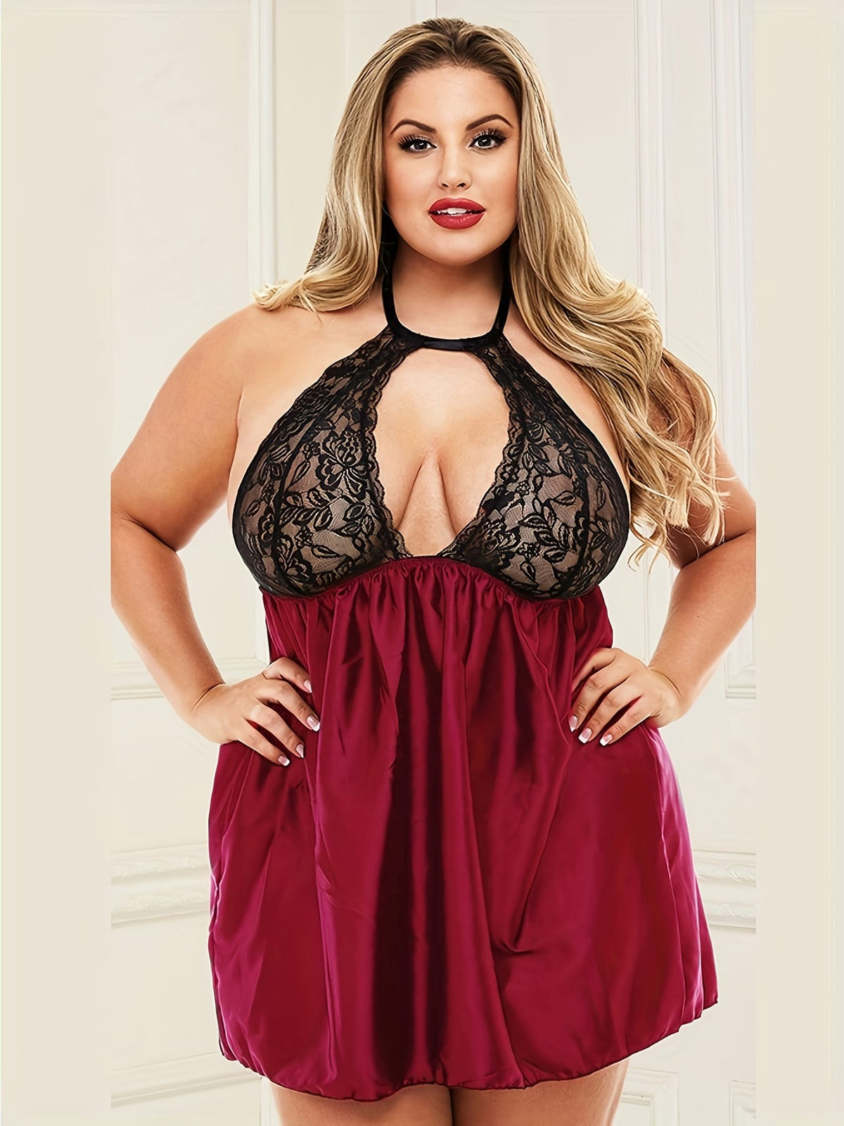 jkthpu-45 Sexy Nightdress, Women's Plus Floral Jacquard Hollow Out Satin Halter Neck Sleep Dress Plus Size