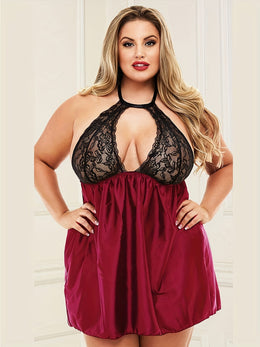 jkthpu-45 Sexy Nightdress, Women's Plus Floral Jacquard Hollow Out Satin Halter Neck Sleep Dress Plus Size