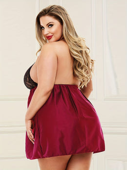 jkthpu-45 Sexy Nightdress, Women's Plus Floral Jacquard Hollow Out Satin Halter Neck Sleep Dress Plus Size