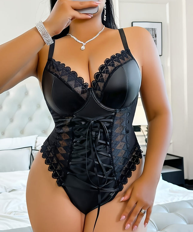jkthpu-45 Sexy Plus Size Waist-Cinching Lace Trim Bodysuit – Black Lingerie