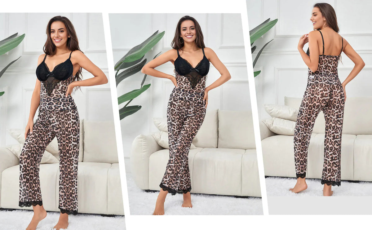KissICON Sexy Satin Pajama Set Leopard Print Spaghetti Strap Top With Lace Trim And Elastic Pant Soft Sleepwear Nightwear from M-5XL