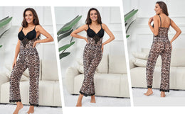 KissICON Sexy Satin Pajama Set Leopard Print Spaghetti Strap Top With Lace Trim And Elastic Pant Soft Sleepwear Nightwear from M-5XL