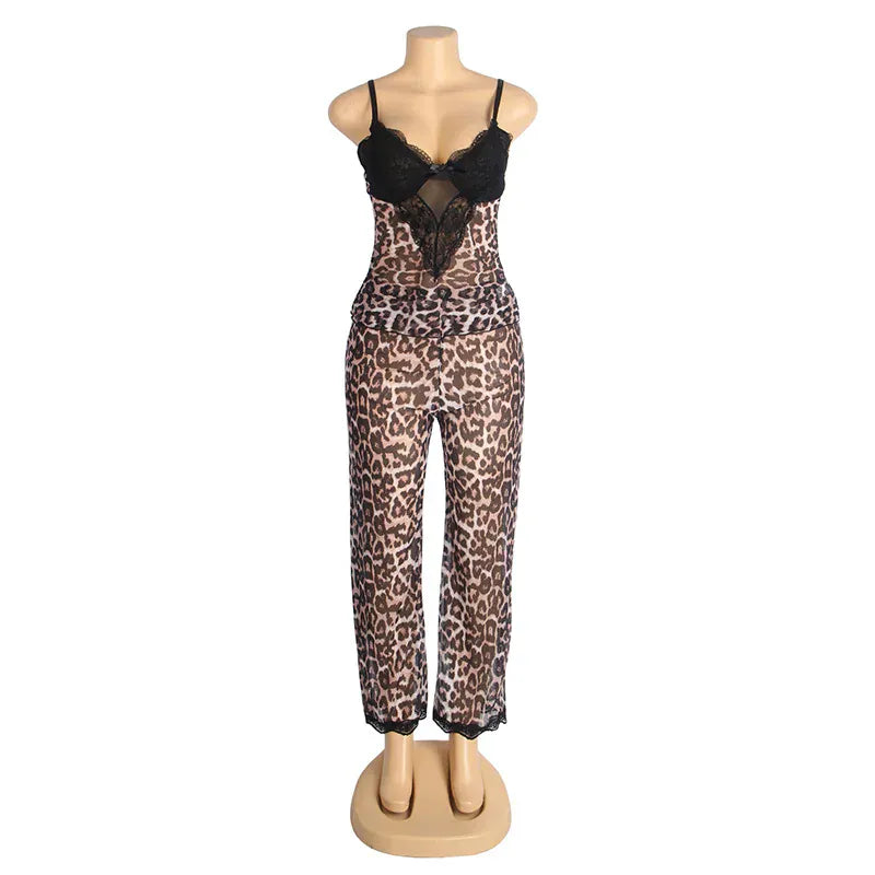 KissICON Sexy Satin Pajama Set Leopard Print Spaghetti Strap Top With Lace Trim And Elastic Pant Soft Sleepwear Nightwear from M-5XL