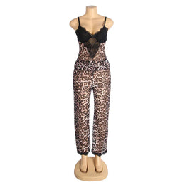 KissICON Sexy Satin Pajama Set Leopard Print Spaghetti Strap Top With Lace Trim And Elastic Pant Soft Sleepwear Nightwear from M-5XL