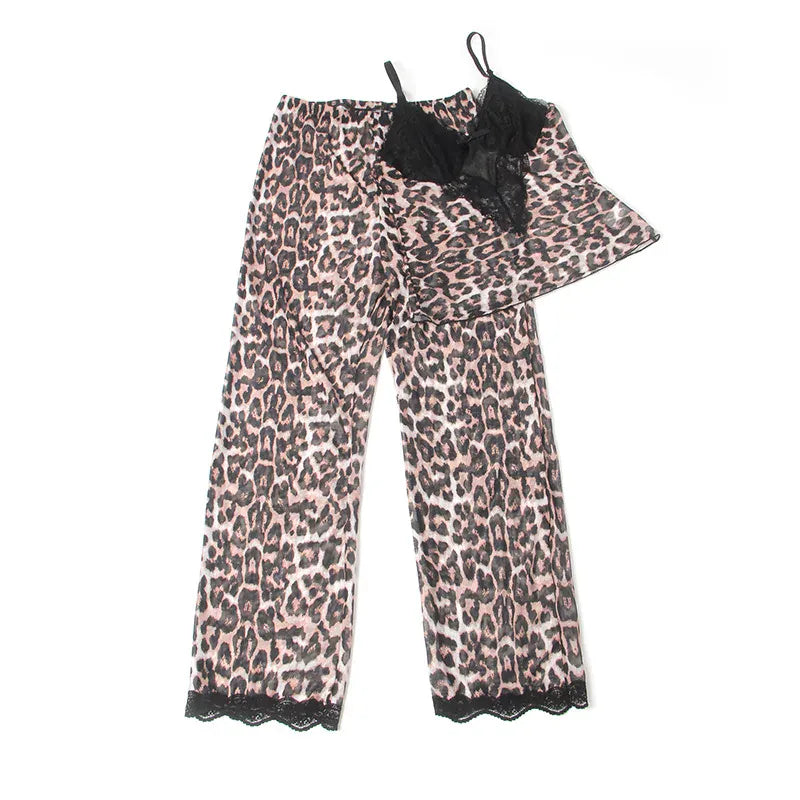 KissICON Sexy Satin Pajama Set Leopard Print Spaghetti Strap Top With Lace Trim And Elastic Pant Soft Sleepwear Nightwear from M-5XL