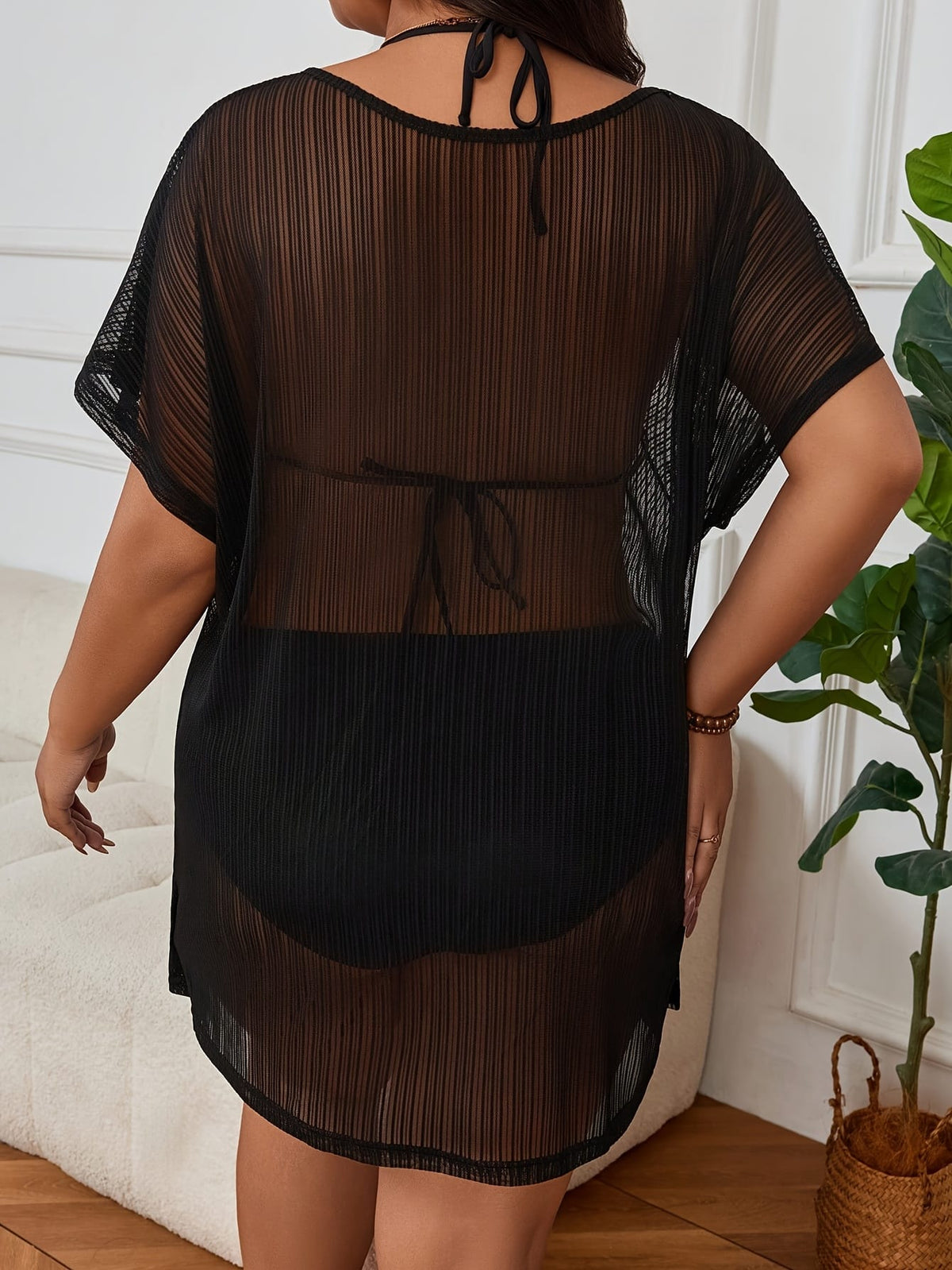 jkthpu-45 Sexy Sheer Lace Plus Size Mesh Swim Cover Up Top