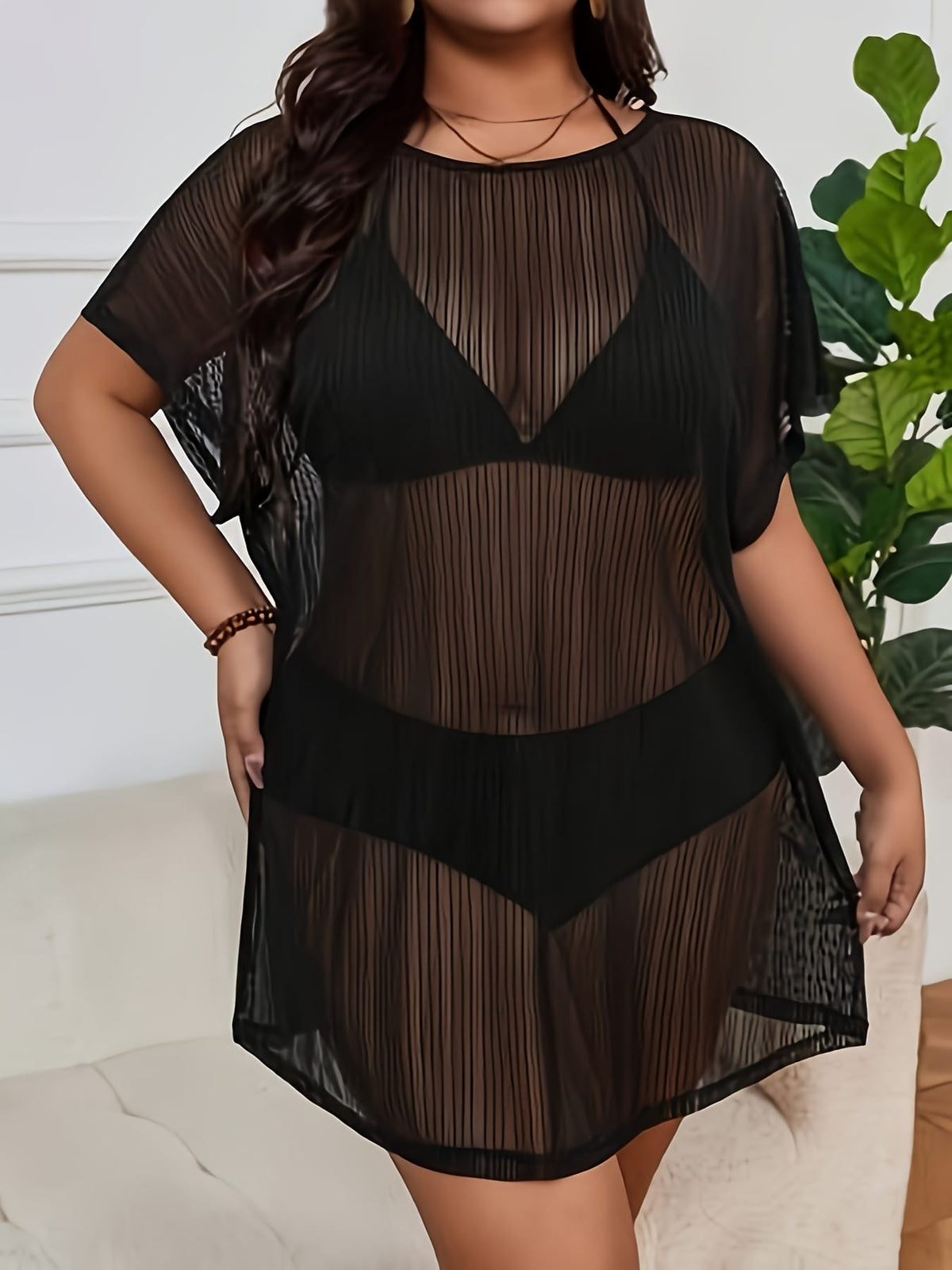 jkthpu-45 Sexy Sheer Lace Plus Size Mesh Swim Cover Up Top