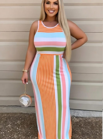 KissICON Dresses Sexy Striped Print Hip Hugging Sleeveless Streetwear Dress