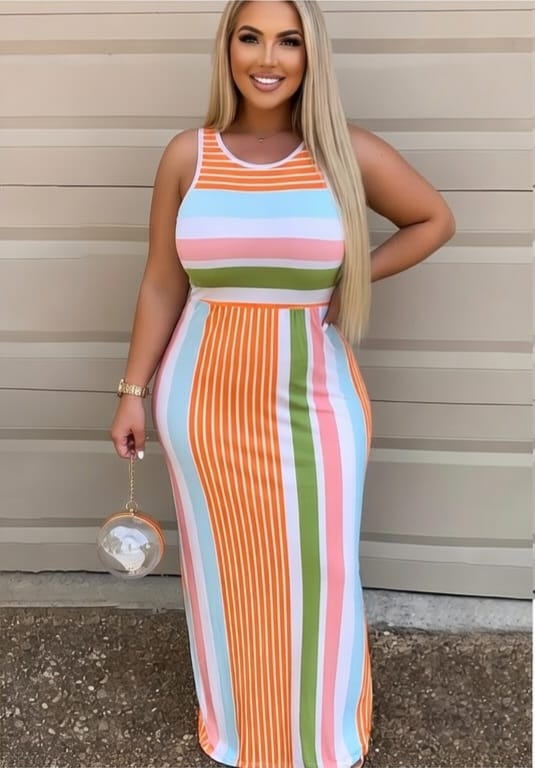 KissICON Dresses Sexy Striped Print Hip Hugging Sleeveless Streetwear Dress