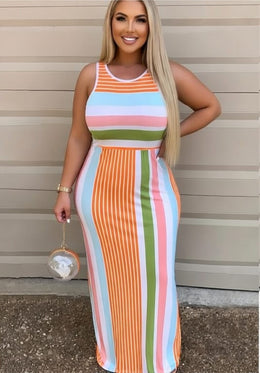 KissICON Dresses Sexy Striped Print Hip Hugging Sleeveless Streetwear Dress