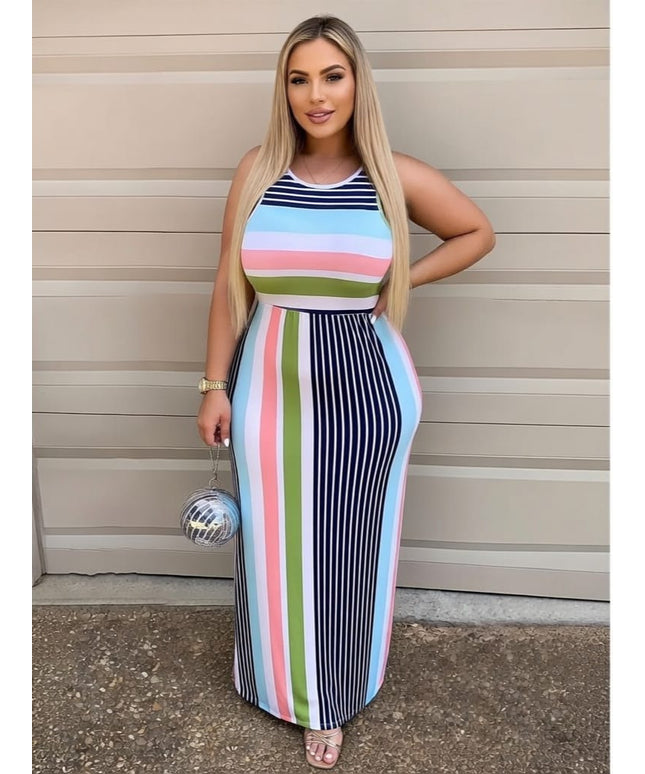 KissICON Dresses Sexy Striped Print Hip Hugging Sleeveless Streetwear Dress