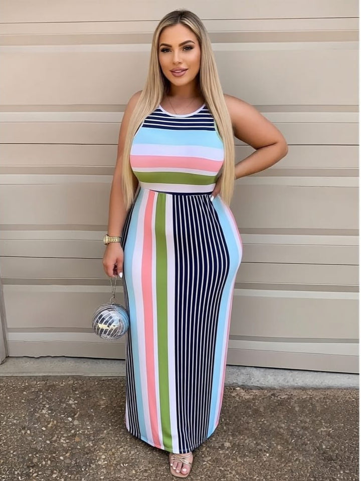 Sexy Striped Print Hip Hugging Sleeveless Streetwear Dress