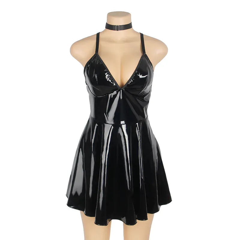 KissICON Sexy Women Hot Girl Shiny Black PU Faux Leather Dress For Clubwear Nightwear Party Dress Show Mini Dress From M-3XL