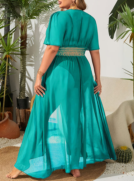 KissICON Sheer Embroidered Deep V Tiefront Maxi Wrap Dress