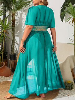 KissICON Sheer Embroidered Deep V Tiefront Maxi Wrap Dress