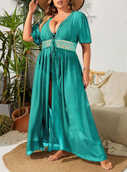 KissICON Sheer Embroidered Deep V Tiefront Maxi Wrap Dress