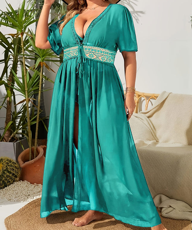 KissICON Sheer Embroidered Deep V Tiefront Maxi Wrap Dress