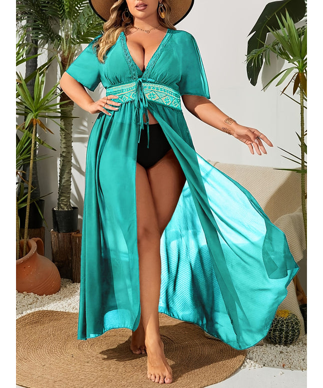 KissICON Sheer Embroidered Deep V Tiefront Maxi Wrap Dress