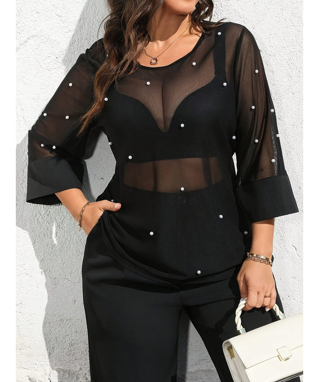 jkthpu-45 Sheer Mesh Bubble Top Effortless Elegance for Women