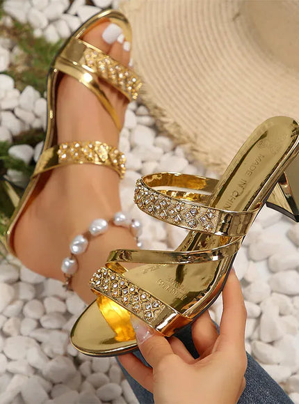 KissICON Shiny Crystal Decor High Heels Sandals Women Gold