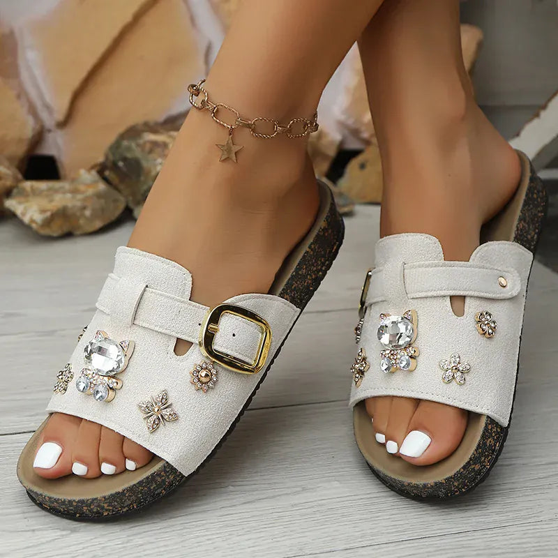 KissICON Shiny Crystal Flock Thick Sole Sandals for Women