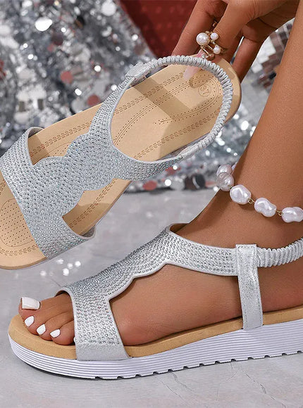 KissICON Shiny Crystal Wedges Sandals for Women Fashion Gold