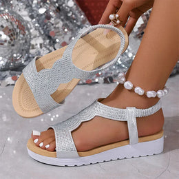 KissICON Shiny Crystal Wedges Sandals for Women Fashion Gold