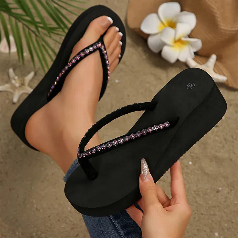 KissICON Shiny Crystal Wedges Sandals for Women Thick Sole