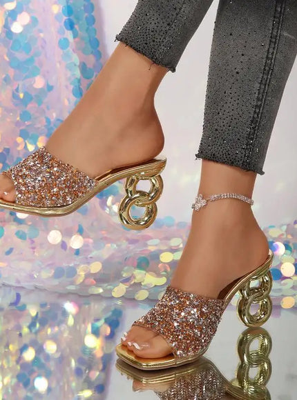 KissICON Shiny Glitter High Heels Sandals Women Slip On