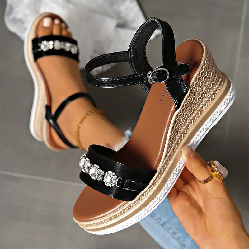KissICON Shiny Large Crystal Chain Wedges Sandals for Women