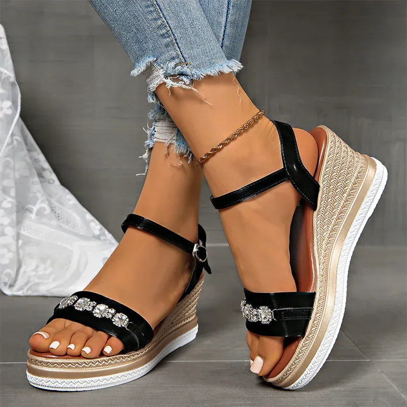KissICON Shiny Large Crystal Chain Wedges Sandals for Women