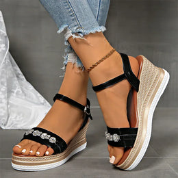 KissICON Shiny Large Crystal Chain Wedges Sandals for Women