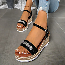 KissICON Shiny Large Crystal Chain Wedges Sandals for Women