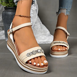 KissICON Shiny Large Crystal Chain Wedges Sandals for Women