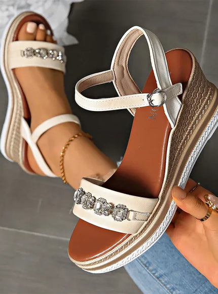 KissICON Shiny Large Crystal Chain Wedges Sandals for Women