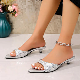 KissICON Shiny Sequin Low Heels Sandals for Women Plus